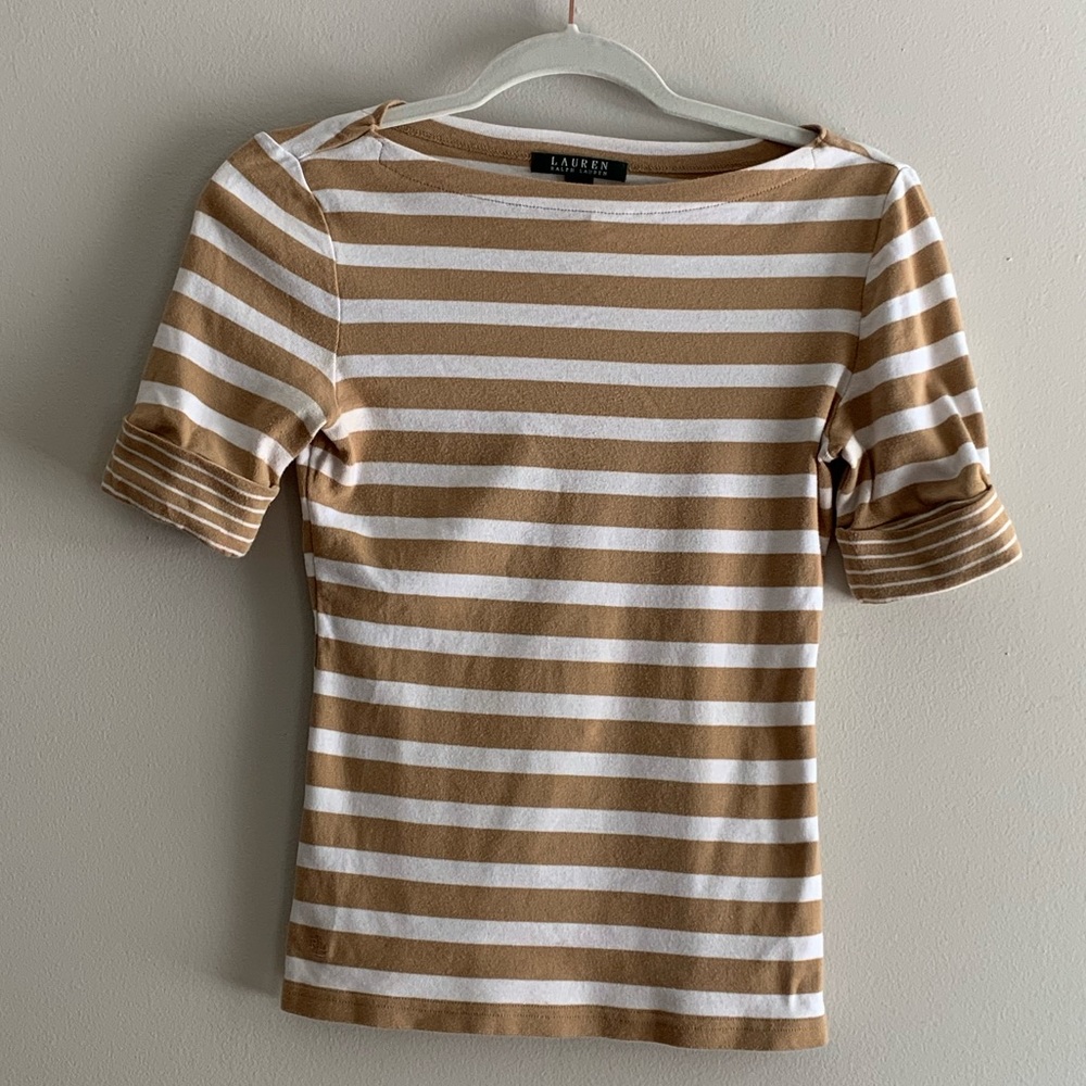 Ralph Lauren Tan/White Boat Neck cotton shirt S